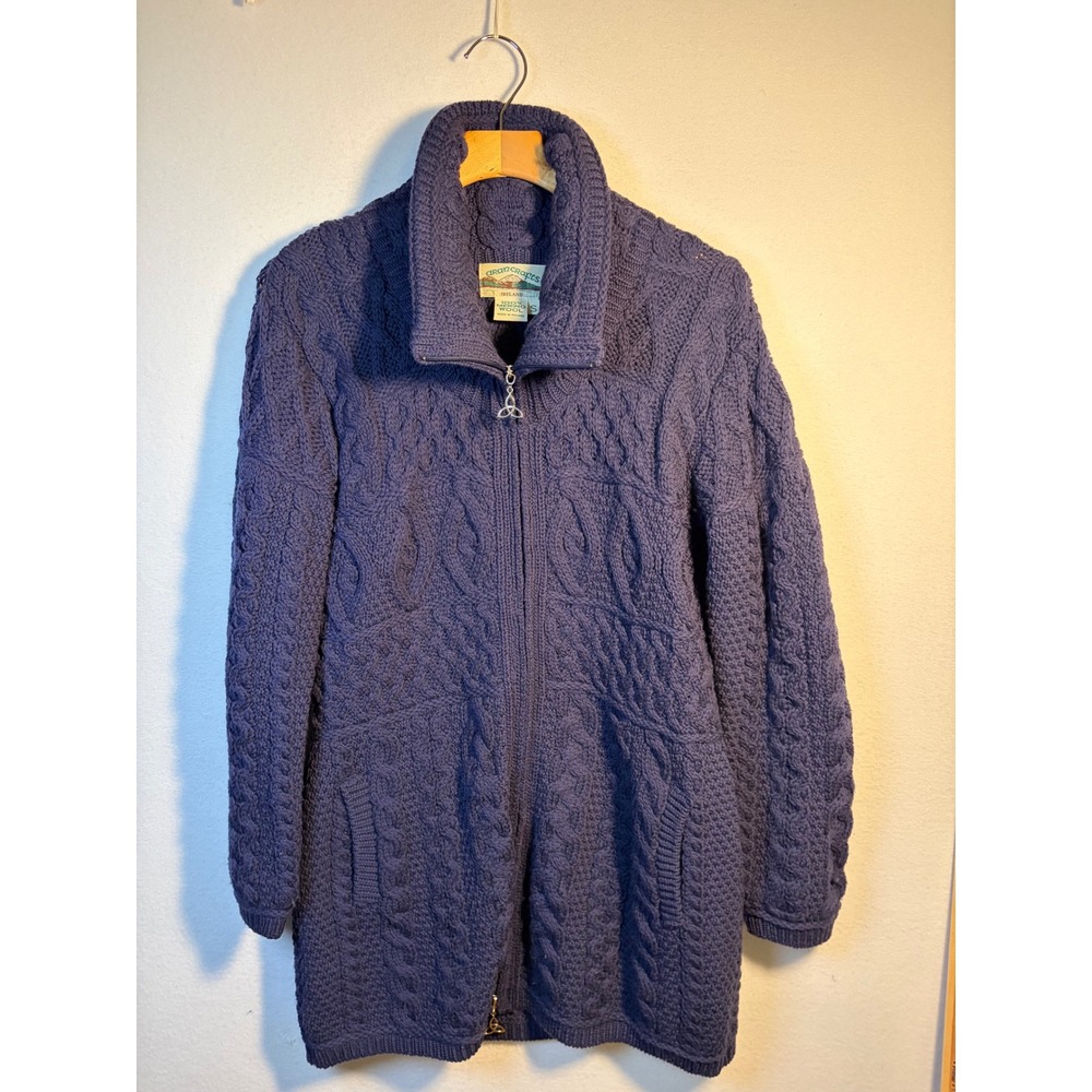 Aran Crafts Cardigan Sweater Coat Women Small Navy EUC Merino Wool Cable Knit